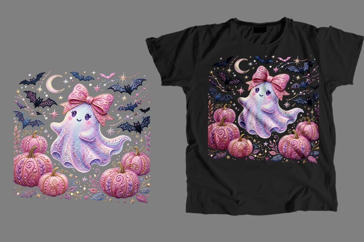Pink Bow Ghost Pumpkin Halloween T-Shirt PNG example image 1