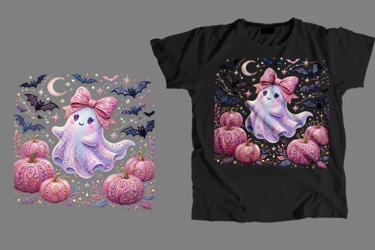 Pink Bow Ghost Pumpkin Halloween T-Shirt PNG