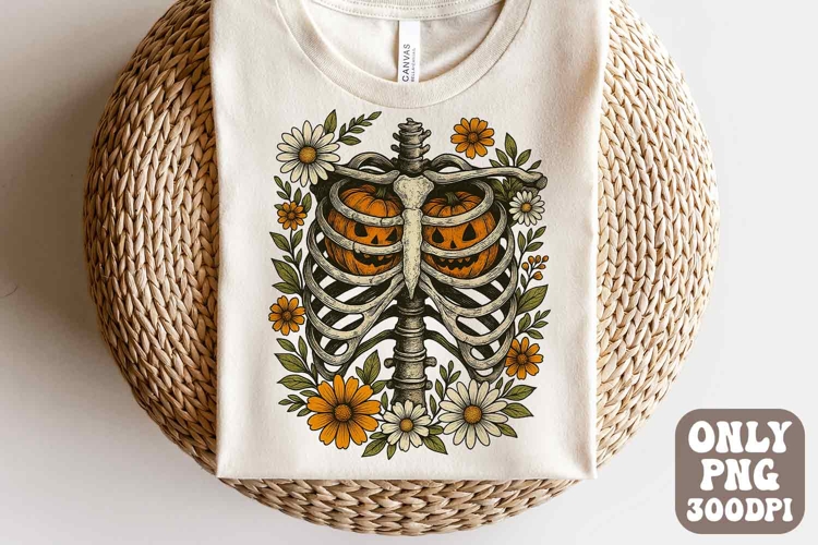 Retro Halloween Ribcage Pumpkins Png | Floral Skeleton