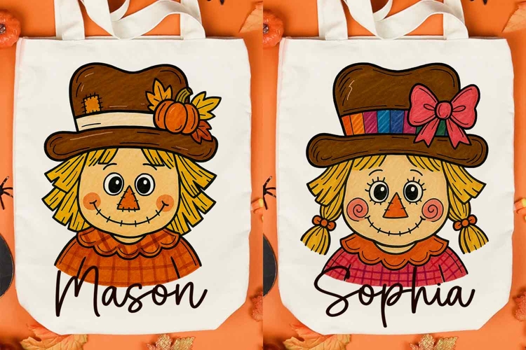 Custom Scarecrow Halloween With Kid Names PNG, Hand Drawn