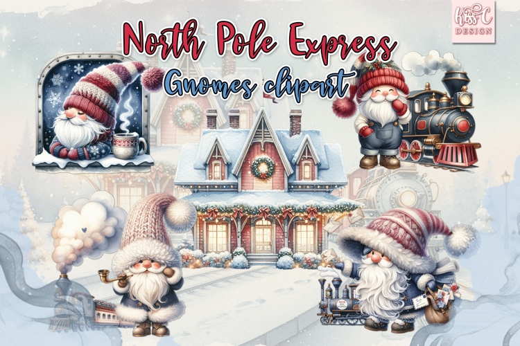 North Pole Express Gnomes Watercolor Clipart