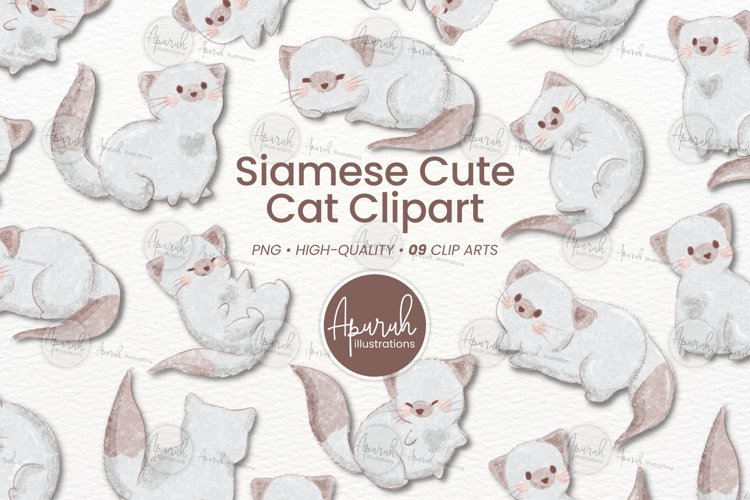 Siamese Cute Cat Clipart in Watercolor Style