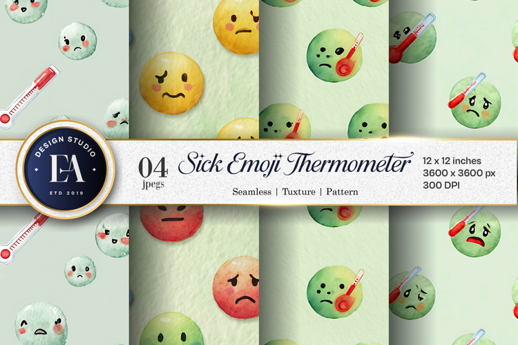 Watercolor Sick Emoji with Thermometer Digital Paper