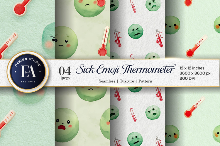 Seamless Sick Emoji Thermometer Watercolor Digital Paper