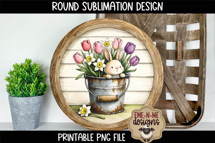 Floral Bunny Bucket Sublimation Design | Spring Round PNG