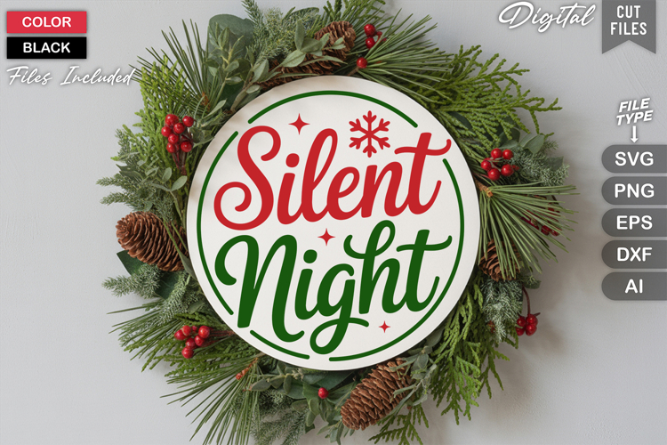 Silent Night SVG | Christmas Round Sign SVG | Xmas SVG