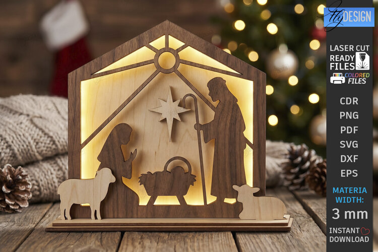 3D Silent Night Scene Laser Cut | Nativity Light Box | CNC example image 1