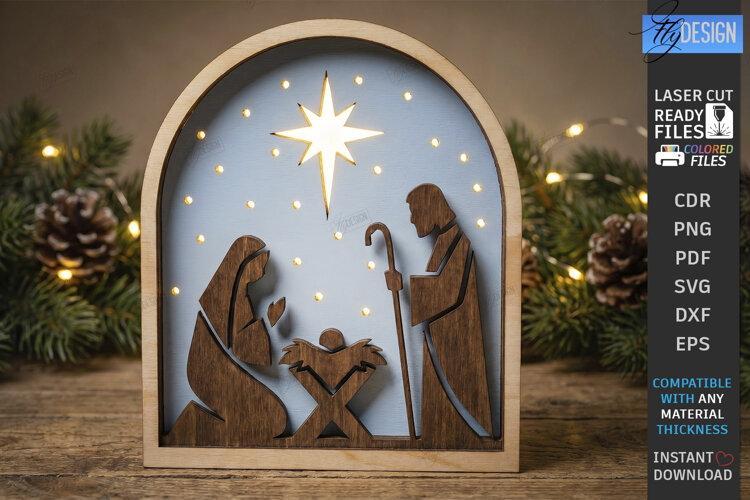 3D Silent Night Scene Laser Cut | Nativity Light Box | CNC example image 1