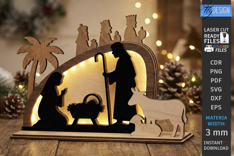 3D Silent Night Scene Laser Cut | Nativity Light Box | CNC example image 1