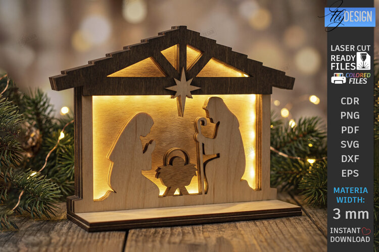 3D Silent Night Scene Laser Cut | Nativity Light Box | CNC example image 1