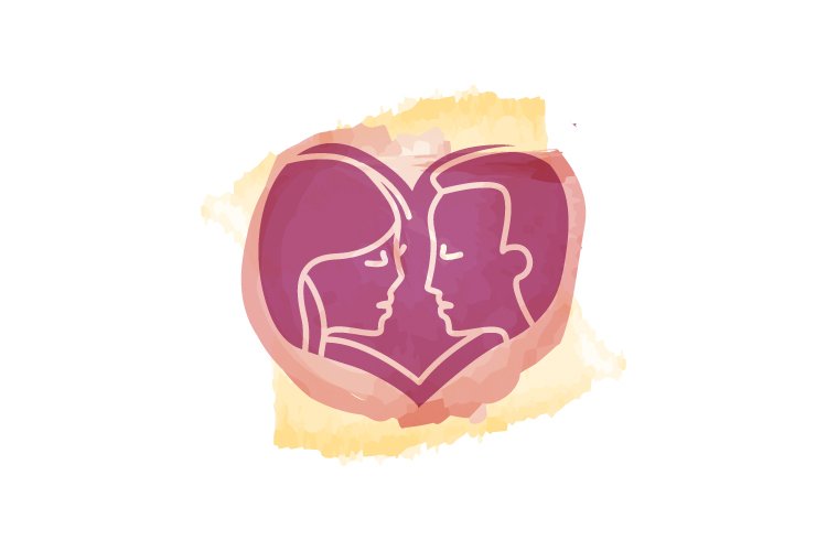 Silhouette couple in love symbol watercolor