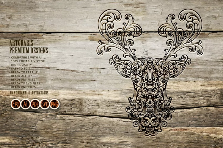 Silhouette deer head vintage Floral ornaments Christmas