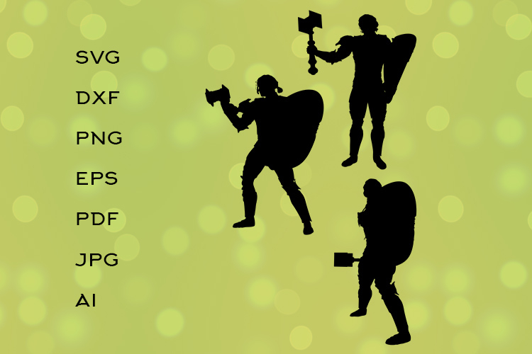 Silhouette of Armored Warrior Holding Hammer and Shield