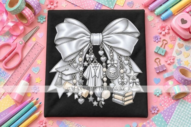 Silver Graduation Bow PNG with Cap & Diploma Charms, Senior example image 1
