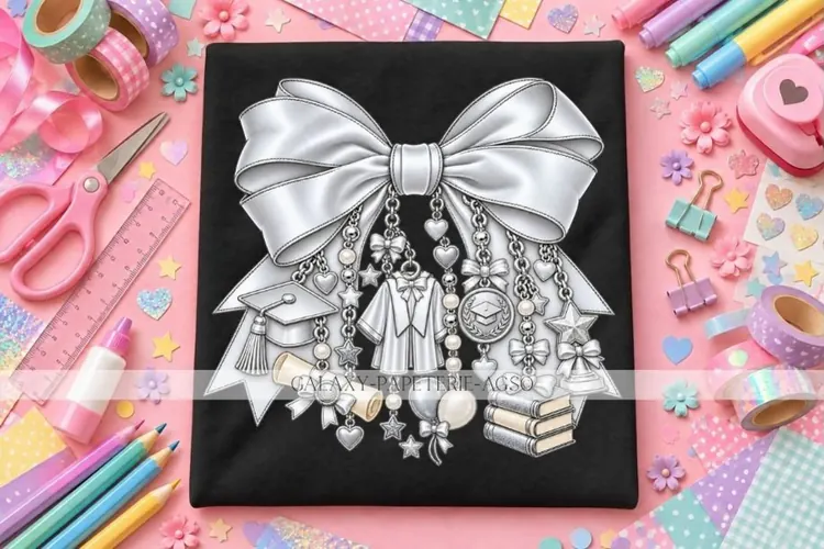 Silver Graduation Bow PNG with Cap & Diploma Charms, Senior