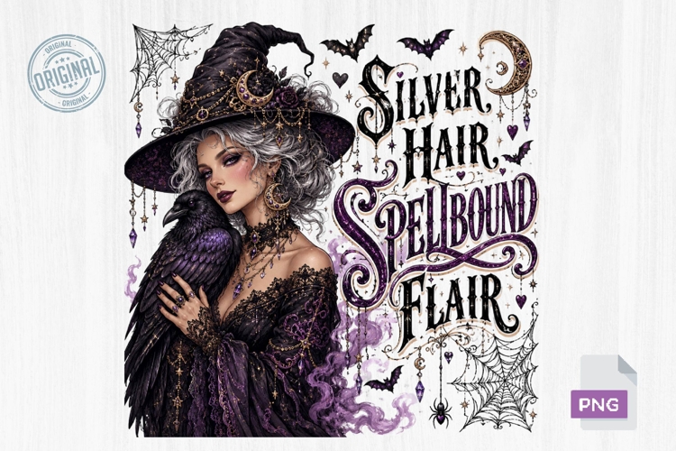 Silver Hair Spellbound Flair Witch PNG Sublimation Design