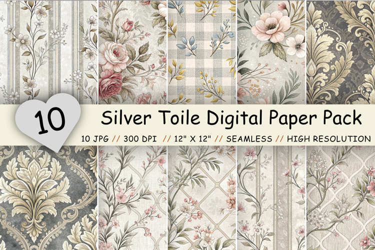 Silver Toile Digital Paper Pack, Vintage Floral Toile