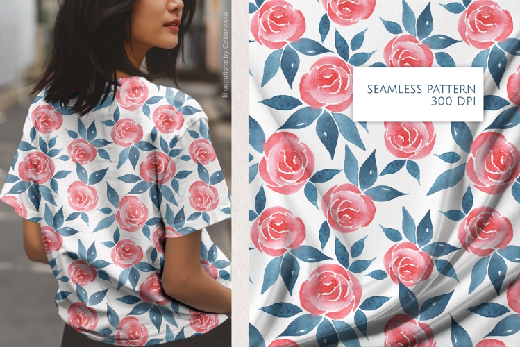 Simple Pink Rose Blue Leaves Seamless Pattern