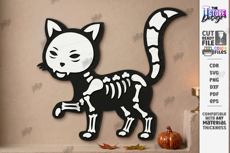 Wooden Halloween Skeleton Cat Laser Cut | Black Cat Skeleton