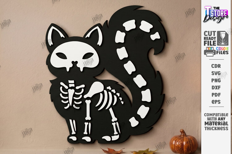 Wooden Halloween Skeleton Cat Laser Cut | Black Cat Skeleton example image 1