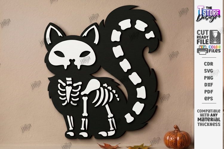 Wooden Halloween Skeleton Cat Laser Cut | Black Cat Skeleton