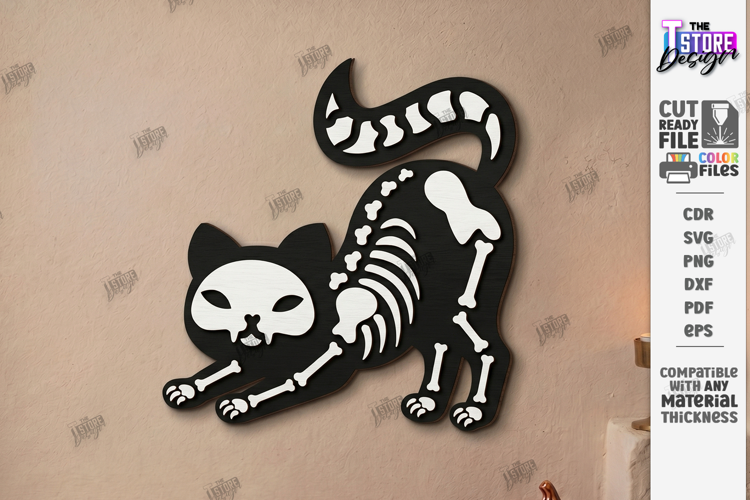 Wooden Halloween Skeleton Cat Laser Cut | Black Cat Skeleton