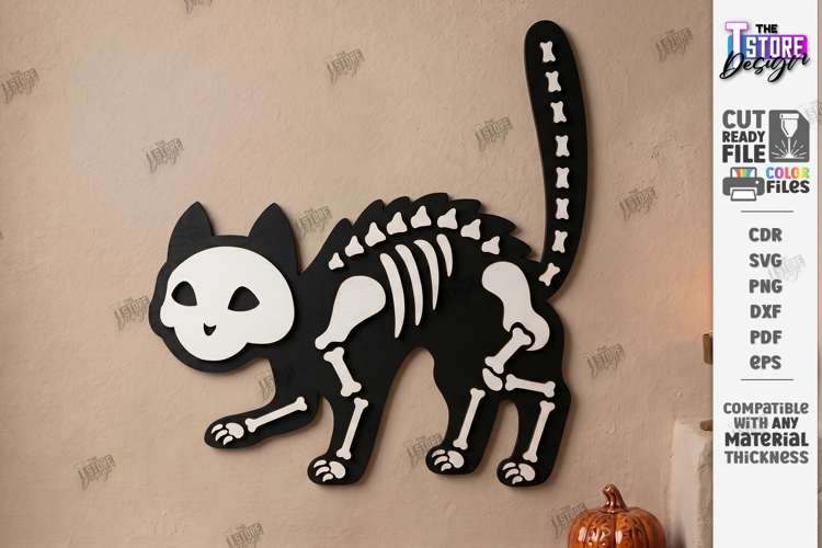 Wooden Halloween Skeleton Cat Laser Cut | Black Cat Skeleton
