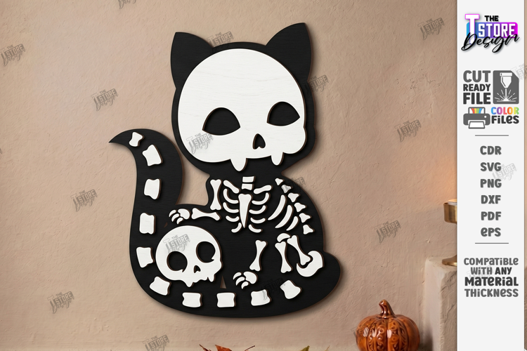Wooden Halloween Skeleton Cat Laser Cut | Black Cat Skeleton