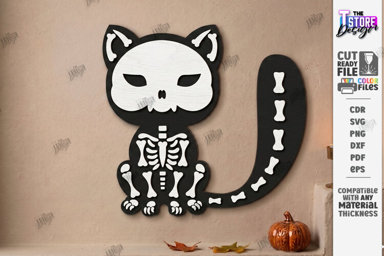 Wooden Halloween Skeleton Cat Laser Cut | Black Cat Skeleton example image 1
