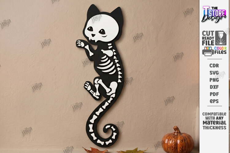 Wooden Halloween Skeleton Cat Laser Cut | Black Cat Skeleton example image 1