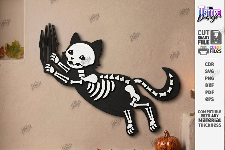 Wooden Halloween Skeleton Cat Laser Cut | Black Cat Skeleton example image 1