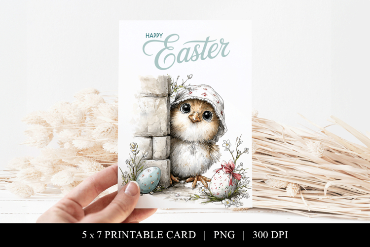 Cute Easter Chick Printable Card, 5x7 Watercolor Easter Card