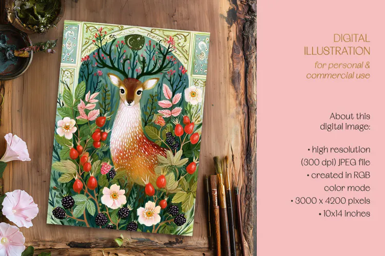 Colorful Deer & Rosehip Illustration