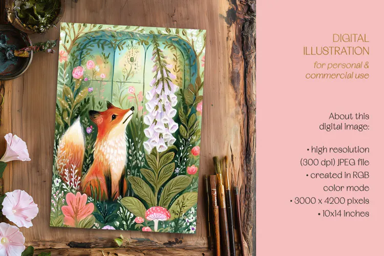 Colorful Fox & Foxglove Illustration
