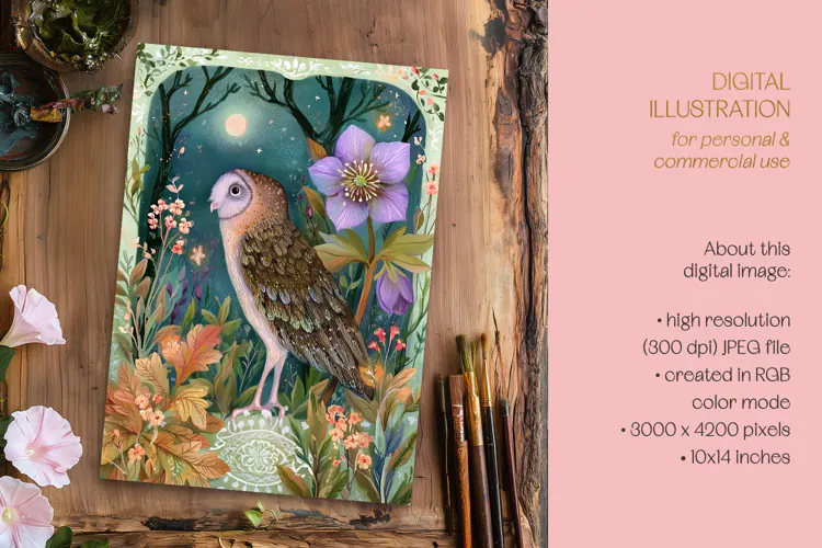 Colorful Owl & Helleborus Illustration