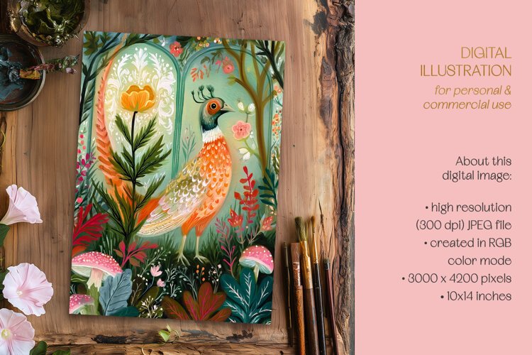 Colorful Pheasant & Buttercup Illustration example image 1