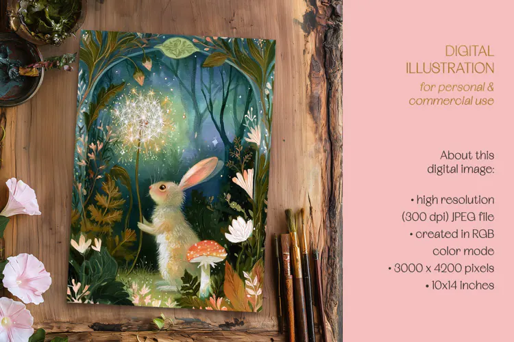Colorful Rabbit & Dandelion Illustration