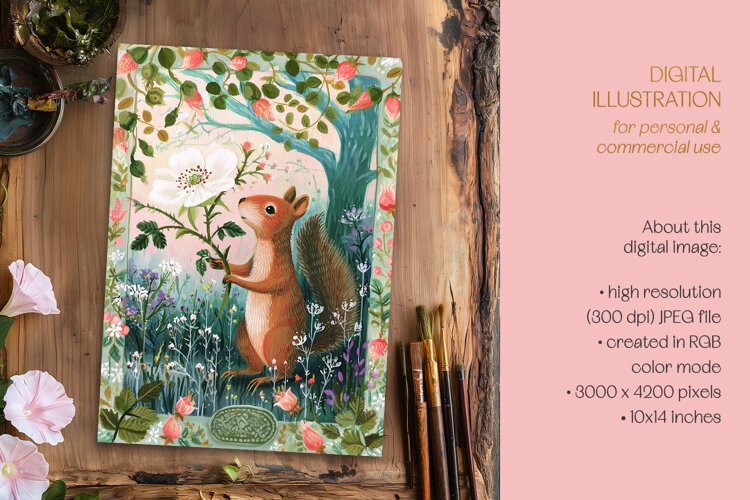 Colorful Squirrel & Dog Rose Illustration example image 1