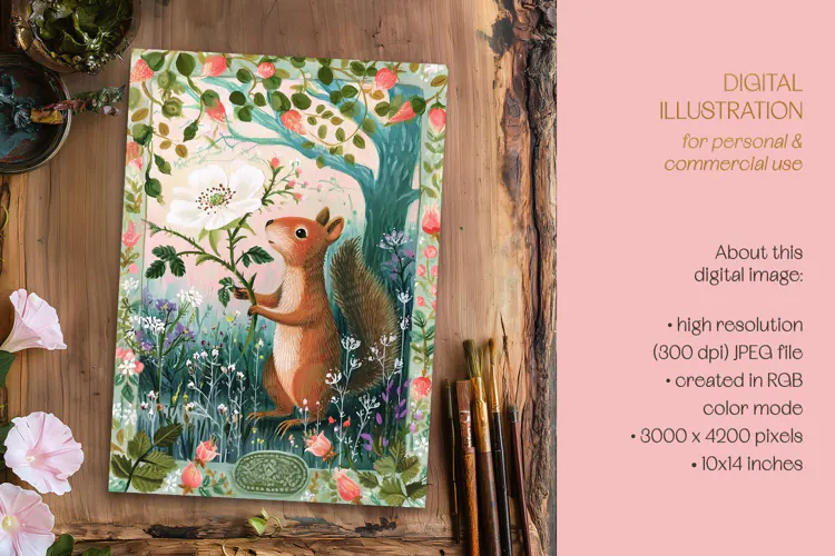 Colorful Squirrel & Dog Rose Illustration