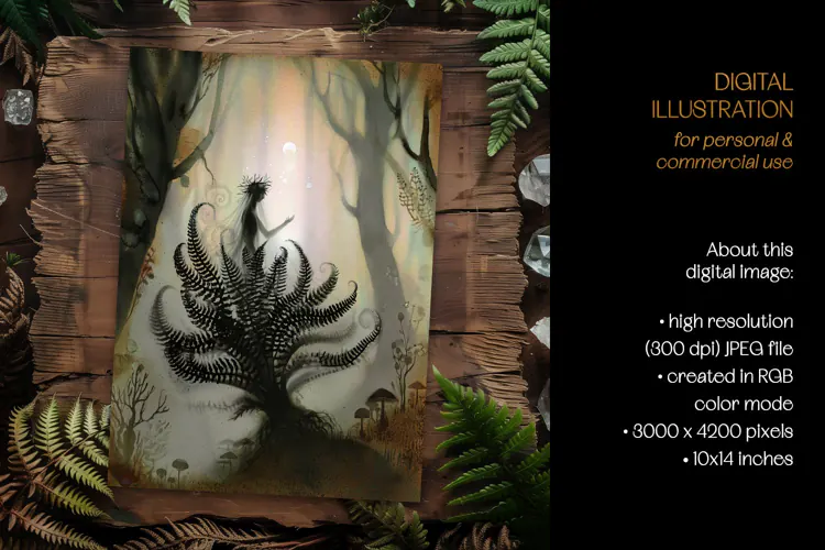 Forest Spirit Emerging From A Fern Illustration