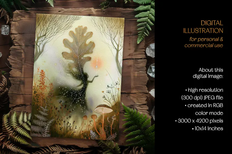 Forest Spirit Intertwined With Oak Leaf Illustration