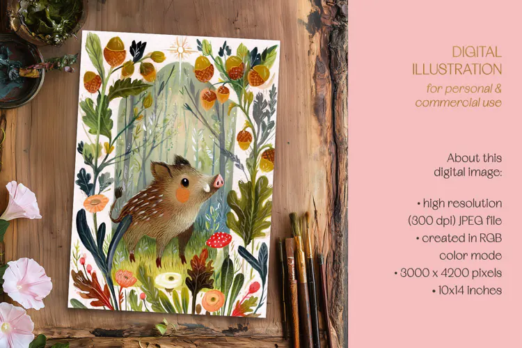Colorful Wild Boar & Acorns Illustration