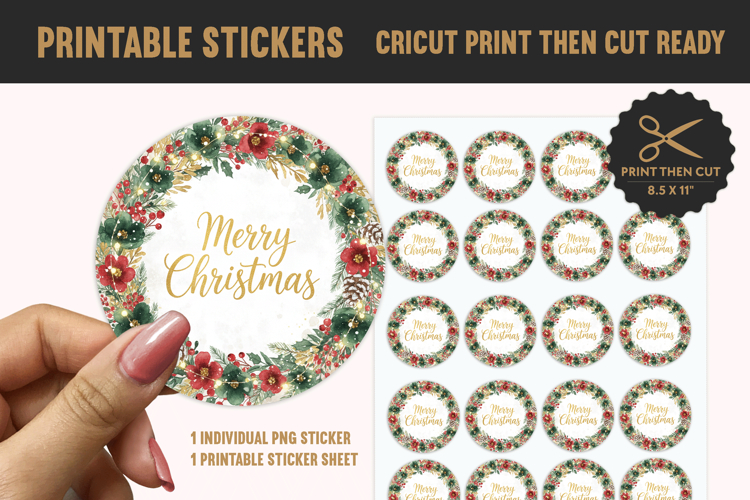Watercolor Floral Merry Christmas Printable Sticker PNG
