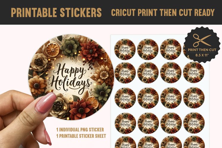 Rustic Floral Happy Holidays Printable Sticker PNG