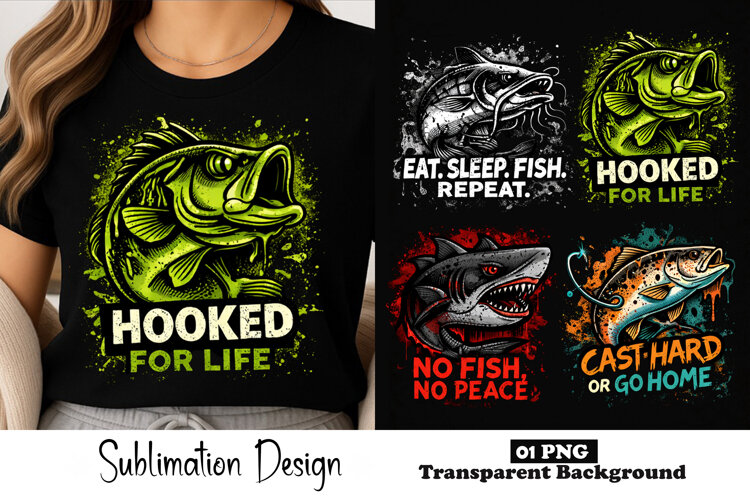 Hooked For Life Fishing Sublimation Design, Neon Bass Angler example image 1