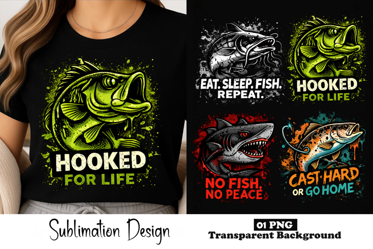 Hooked For Life Fishing Sublimation Design, Neon Bass Angler