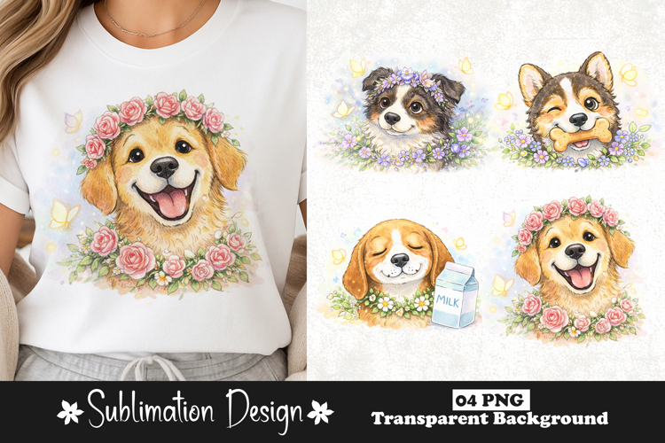 Cute Golden Retriever with Rose Crown Watercolor Dog PNG