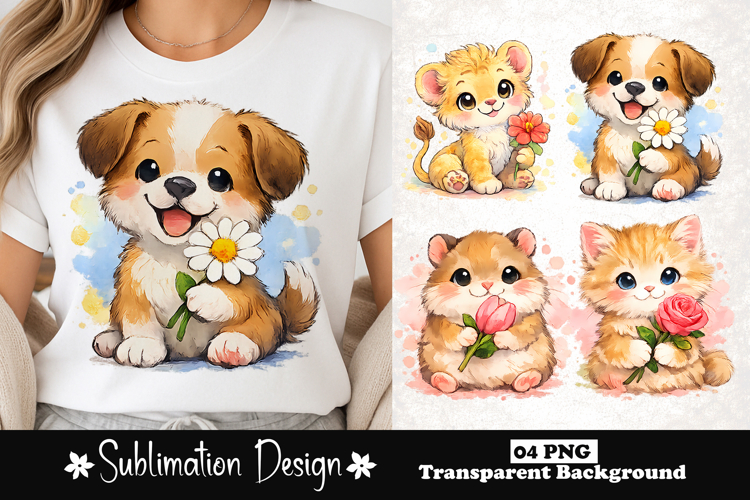 Cute animals with flower watercolor sublimation design