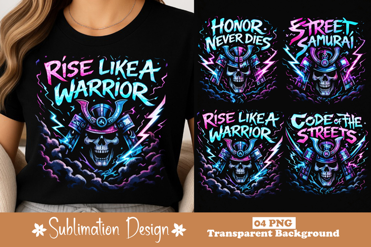 Rise Like A Warrior Neon Samurai Skull Graphic T-Shirt PNG