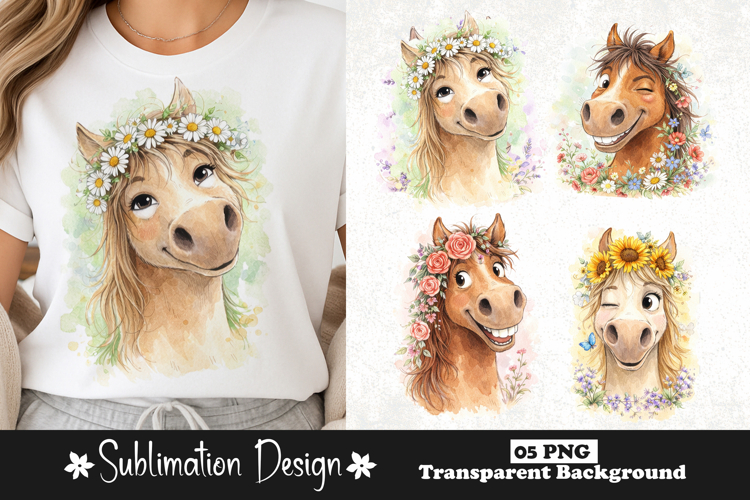 Cute Floral Horse with Daisy Crown Watercolor Sublimation